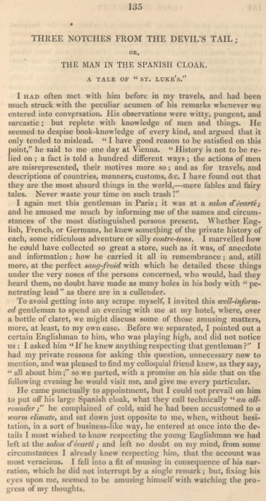 A sample page from Three Notches From the Devil’s Tail; or, The Man in the Spanish Cloak. Tales of St. Luke’s (No. I) by Harriet Downing